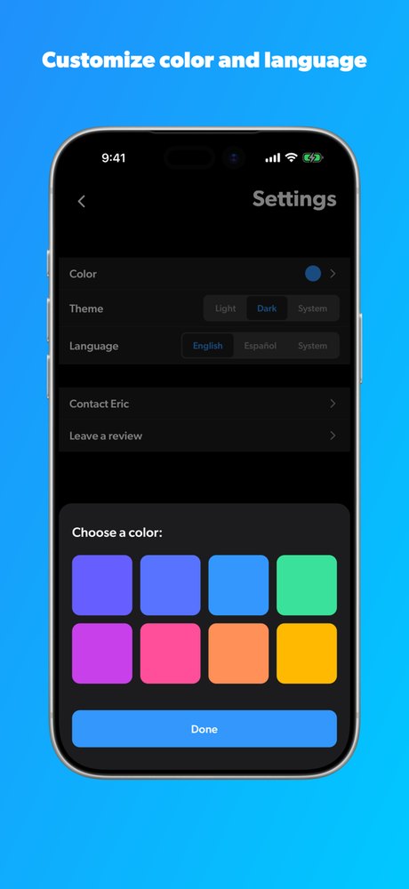 Cooking Conversions settings with dark mode and color themes